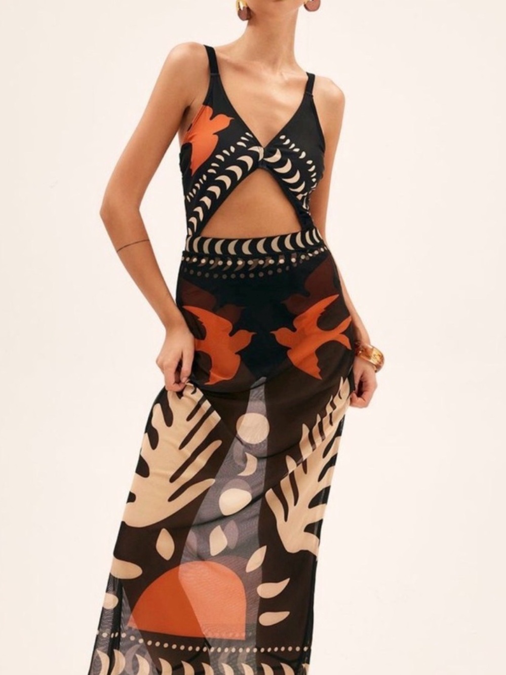 Black & Orange Cutout sheer cover up skirt with Abstract Print